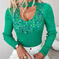 Keyhole Neck Multicolor Rhinestone Decor Knit Sweater