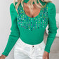 Keyhole Neck Multicolor Rhinestone Decor Knit Sweater