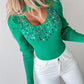 Keyhole Neck Multicolor Rhinestone Decor Knit Sweater