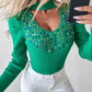 Keyhole Neck Multicolor Rhinestone Decor Knit Sweater