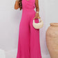 Pleated V Neck Spaghetti Strap Waist Jumpsuit Casual Wide Leg Flared Romper