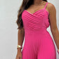 Pleated V Neck Spaghetti Strap Waist Jumpsuit Casual Wide Leg Flared Romper