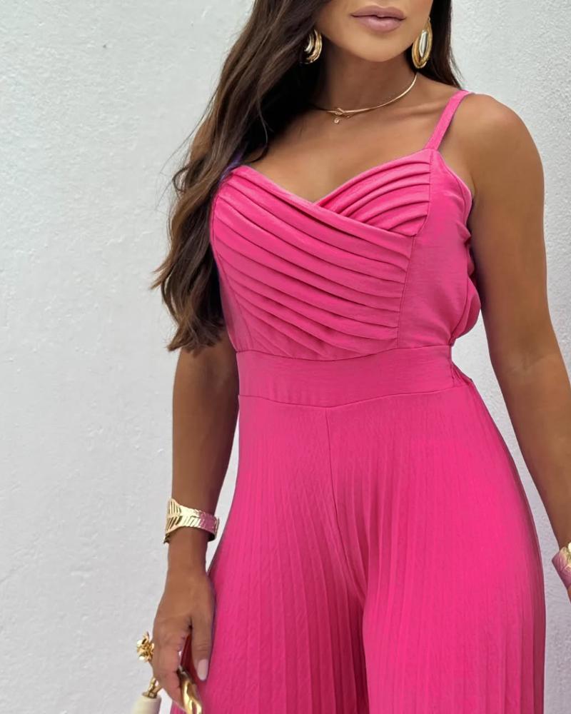 Pleated V Neck Spaghetti Strap Waist Jumpsuit Casual Wide Leg Flared Romper