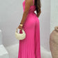 Pleated V Neck Spaghetti Strap Waist Jumpsuit Casual Wide Leg Flared Romper