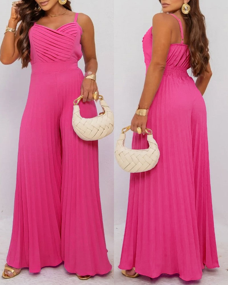 Pleated V Neck Spaghetti Strap Waist Jumpsuit Casual Wide Leg Flared Romper