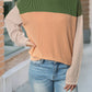 Green Color Block Long Sleeve Ribbed Loose Top