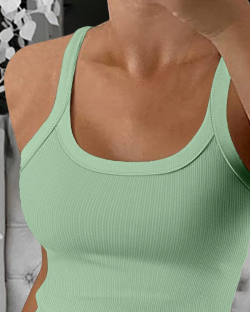 Scoop Neck Spaghetti Strap Ribbed Top Casual Sleeveless Slim Fit Tank