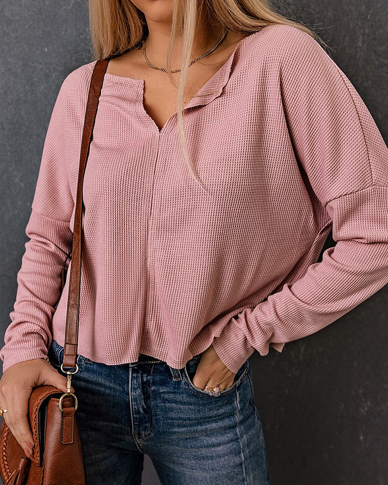 Long Sleeve Notch Neck Knit Top