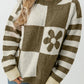 Green Checkered Floral Print Striped Sleeve Sweater