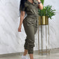 Turn down Collar Short Sleeve Overalls Drawstring Waist Casual Slim Fit Cargo Jumpsuit With Pockets