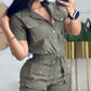 Turn down Collar Short Sleeve Overalls Drawstring Waist Casual Slim Fit Cargo Jumpsuit With Pockets