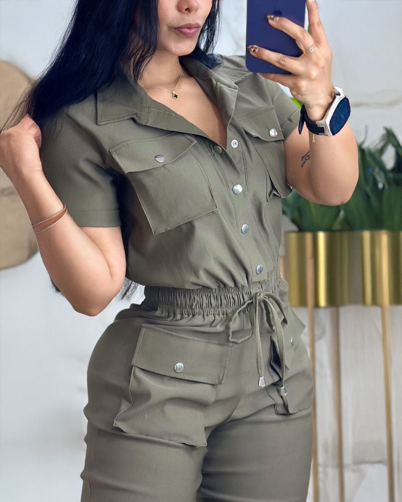 Turn down Collar Short Sleeve Overalls Drawstring Waist Casual Slim Fit Cargo Jumpsuit With Pockets