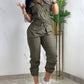 Turn down Collar Short Sleeve Overalls Drawstring Waist Casual Slim Fit Cargo Jumpsuit With Pockets