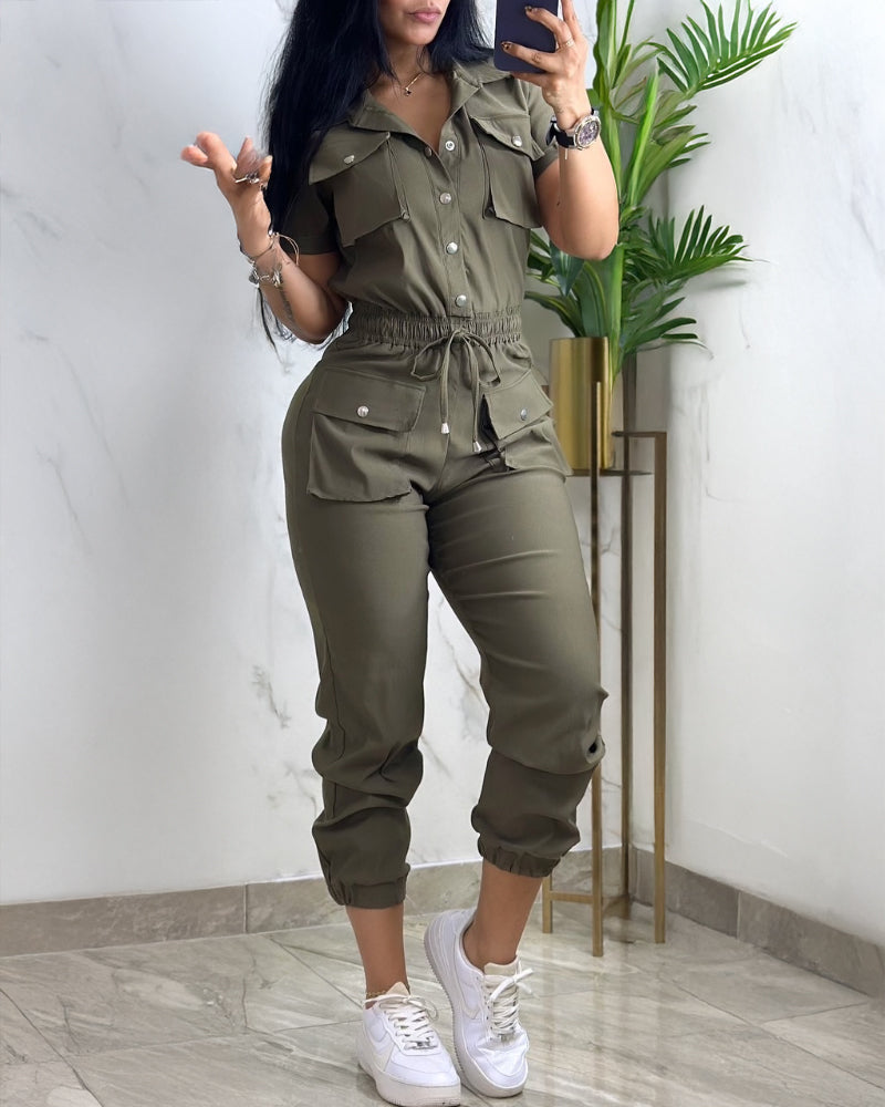 Turn down Collar Short Sleeve Overalls Drawstring Waist Casual Slim Fit Cargo Jumpsuit With Pockets