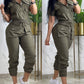 Turn down Collar Short Sleeve Overalls Drawstring Waist Casual Slim Fit Cargo Jumpsuit With Pockets