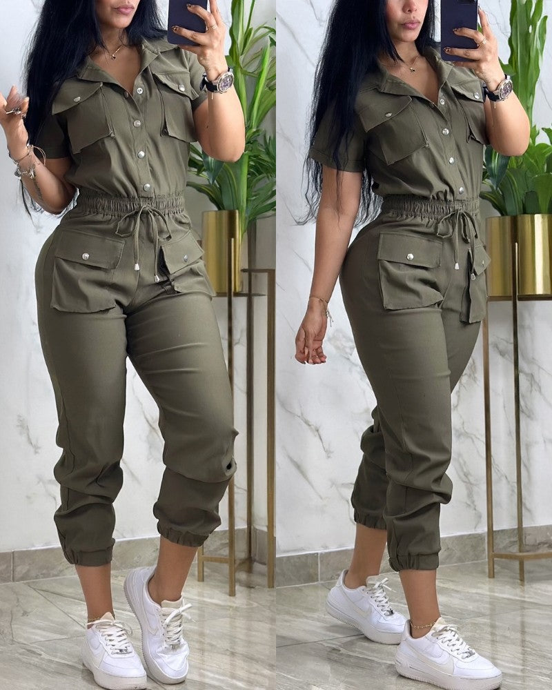 Turn down Collar Short Sleeve Overalls Drawstring Waist Casual Slim Fit Cargo Jumpsuit With Pockets