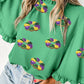 Green Sequin Doughnut Graphic Ruffled Trim Bell Sleeve Mardi Gras Blouse