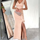 Deep V Neck Thick Strap Side Ruffled Slit Evening Dress Cinched Waist Zipper Back Slim Fit Maxi Dress