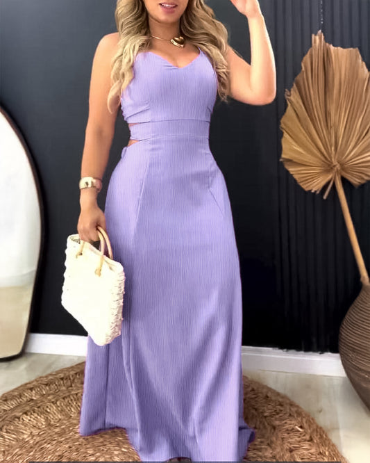 Plain Back Tied Detail Slit Maxi Dress Casual Hollow out Shirred Vacation Dress