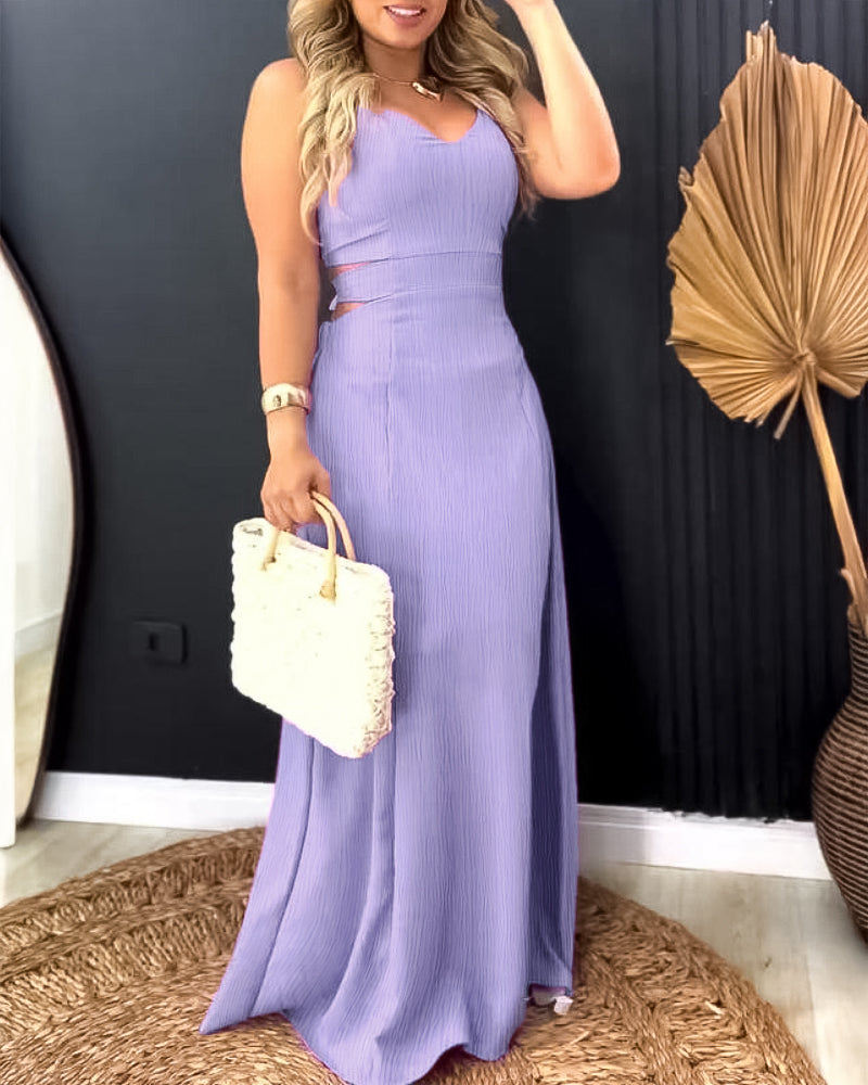 Plain Back Tied Detail Slit Maxi Dress Casual Hollow out Shirred Vacation Dress