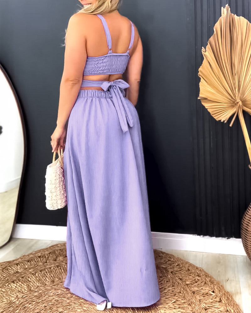 Plain Back Tied Detail Slit Maxi Dress Casual Hollow out Shirred Vacation Dress