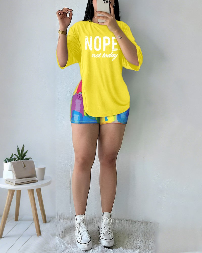 2 Pieces Outfit Anchor Print Round Neck Short Sleeve Casual Top and Striped Print Slim Fit Shorts Set