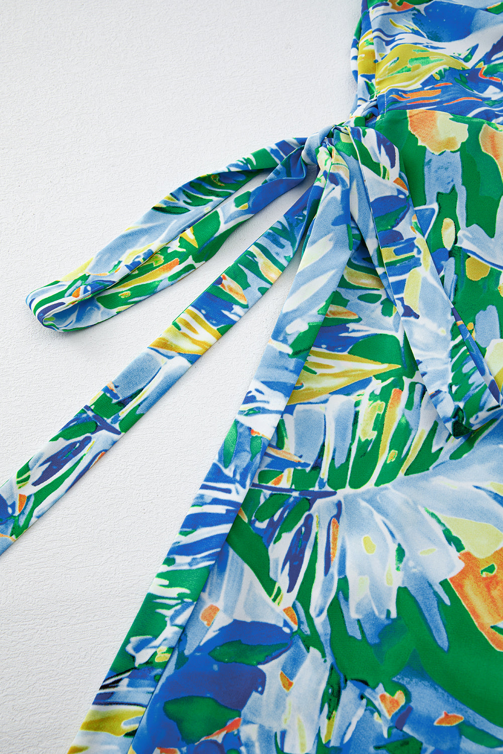 Green Leaves Print Short Sleeve Surplice Neck Ruffled Trim Plus Size Maxi Dress