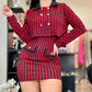 2PCS Houndstooth Print Slip Bodycon Dress & Button Decor Crop Coat