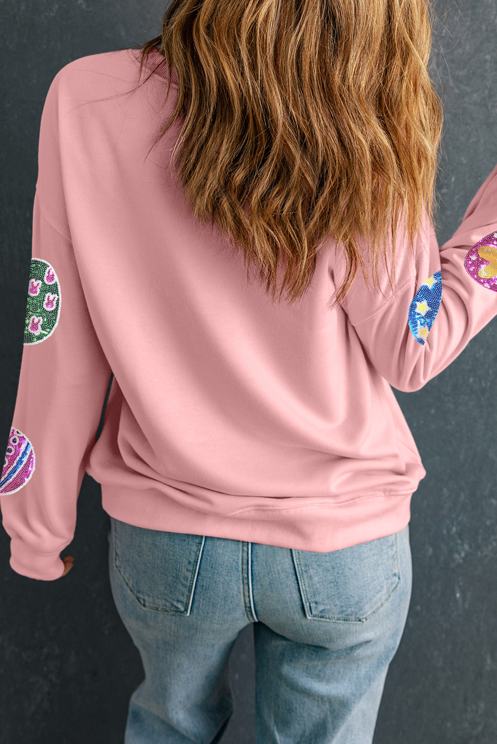 Pink Sequined Easter Egg Patched Pullover Sweatshirt