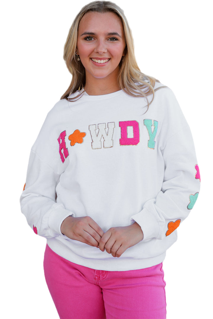 White Glitter Howdy Patch Graphic Casual Sweatshirt