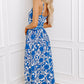 Blue Floral Printed Spaghetti Strap Maxi Dress with Waist Tie