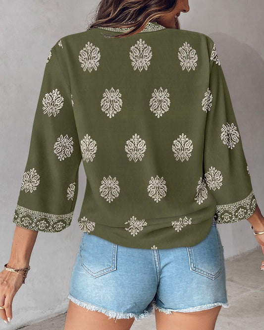 Floral Print V Neck Long Sleeve Blouse Casual Loose Fit Top