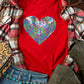 Red Rainbow Sequin Heart Shape Crew Neck T Shirt