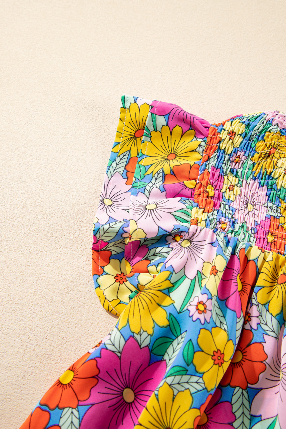 Sky Blue Floral Print Smocked Notch V Neck Flutter Sleeve Mini Dress