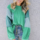 Green Colorblock Stitching Patchwork Buttoned Long Sleeve Top