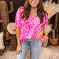 Pink Leopard V Neck Loose Short Sleeve Top