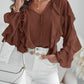 V Neck Shoulder Asymmetrical Ruffles Blouse Casual Button Front Long Sleeve Top