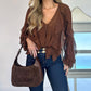 V Neck Shoulder Asymmetrical Ruffles Blouse Casual Button Front Long Sleeve Top