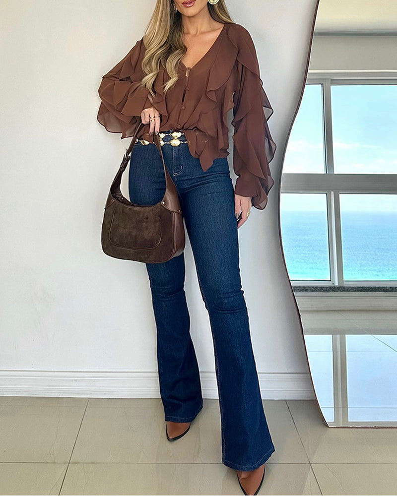 V Neck Shoulder Asymmetrical Ruffles Blouse Casual Button Front Long Sleeve Top