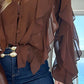 V Neck Shoulder Asymmetrical Ruffles Blouse Casual Button Front Long Sleeve Top
