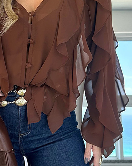 V Neck Shoulder Asymmetrical Ruffles Blouse Casual Button Front Long Sleeve Top