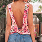 Pink Floral Round Neck Twisted Cut Out Back Tank Top