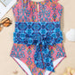 Blue Geometric Print Hollow Out Knotted Waist One Piece Swimsuit