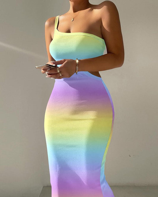 Ombre One Shoulder Cutout Ribbed Bodycon Dress