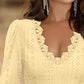 Deep V Neck Contrast Lace Three Quarters Sleeves Tee Casual Shirred & Frill Hem Cuffs Breathable Top