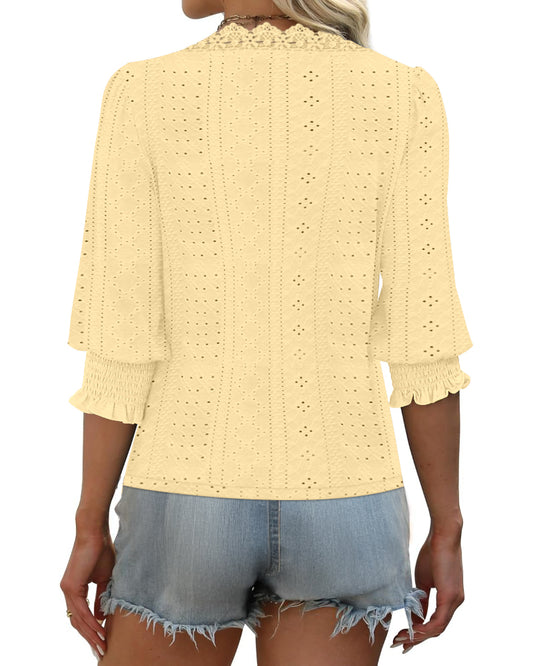Deep V Neck Contrast Lace Three Quarters Sleeves Tee Casual Shirred & Frill Hem Cuffs Breathable Top