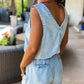 Beau Blue Studded V Neck Raw Hem Sleeveless Denim Romper