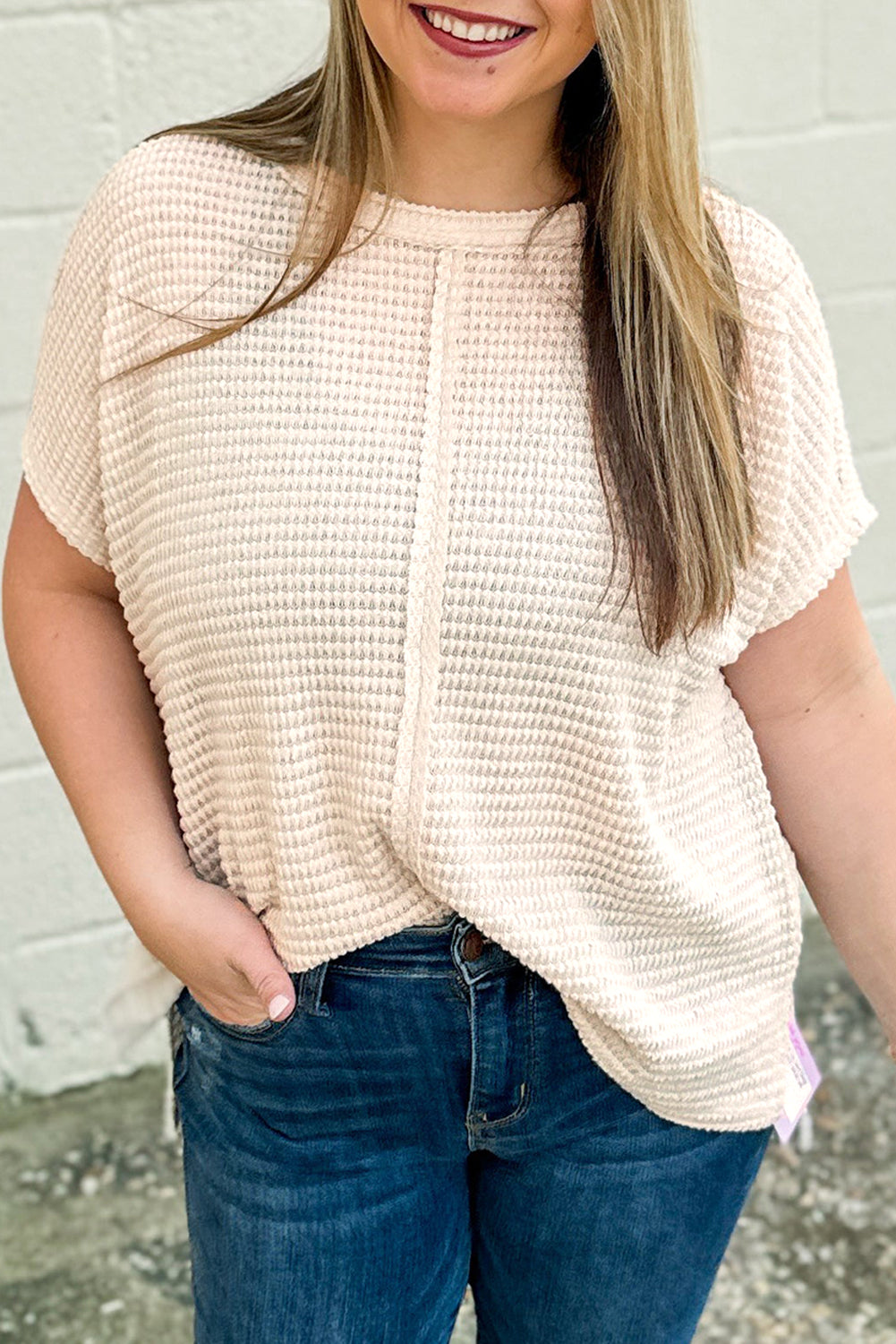 Beige Waffle Exposed Seam Detail Plus Size Short Sleeve Top