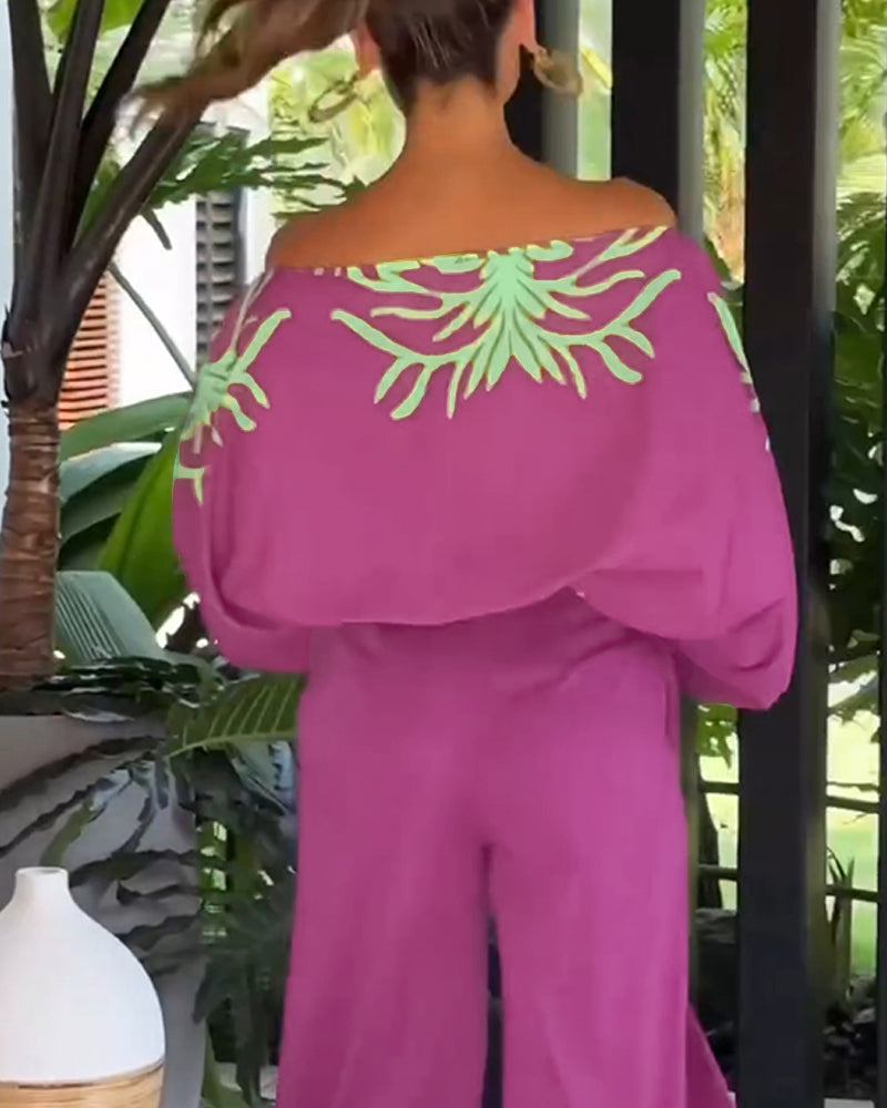 2 Pieces Outfit Tropical Print Lantern Sleeve Cold Shoulder Loose Top and Casual High Waist Fishtail Maxi Skirt Set