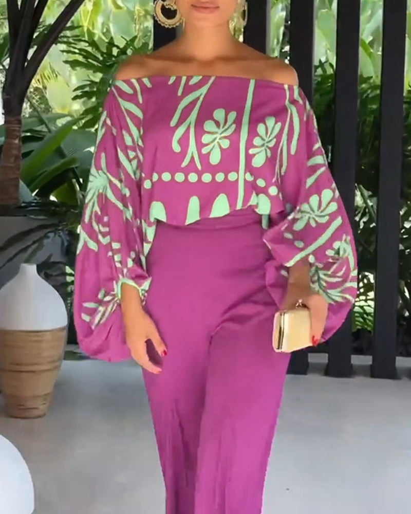 2 Pieces Outfit Tropical Print Lantern Sleeve Cold Shoulder Loose Top and Casual High Waist Fishtail Maxi Skirt Set